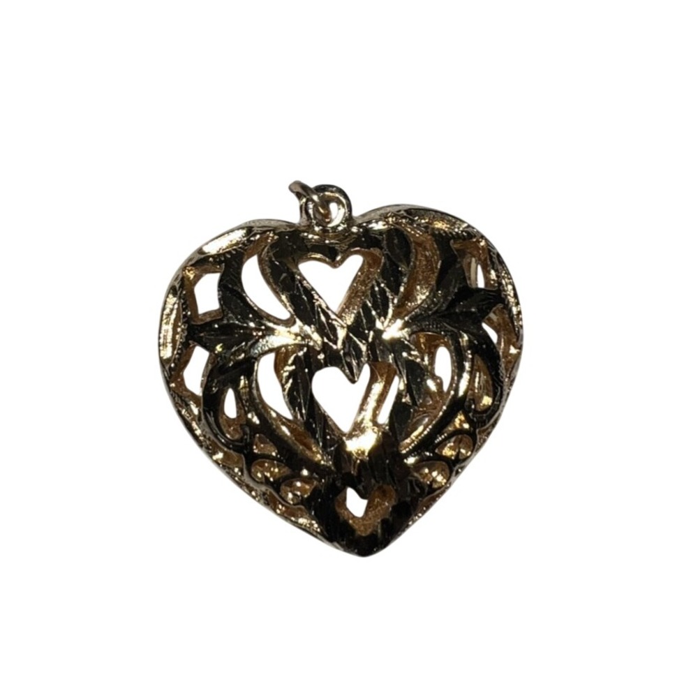 Gold Tone Openwork Filigree Puffed‎ Heart Pendant Textured Charm
